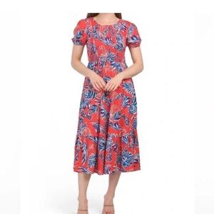 Sincerely Jules tropical leaf/tucan/pineapple puff sleeve smocked top dress S